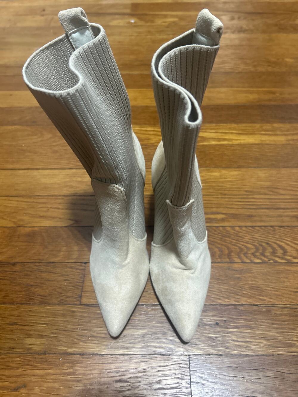Oat Pointed Toe Stretch Knit Faux Suede Sock 3.5 Block Heel Boots 37/6.5M NWOT